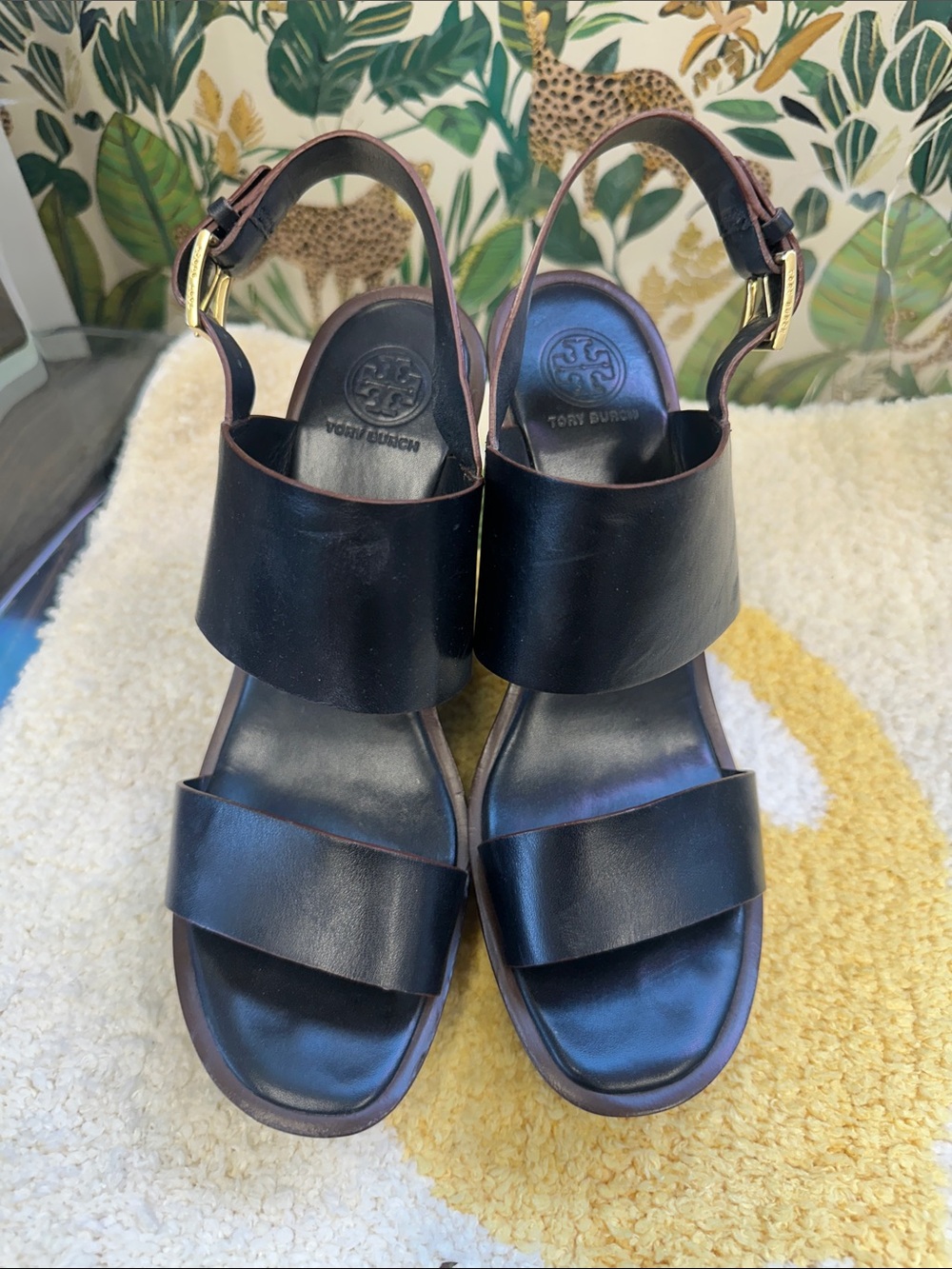 Tory Burch Black Leather Double-Band Slingback wedges 8